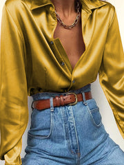 Women Basic Satin Button Lapel Comfy Loose Casual Long Sleeve Shirts
