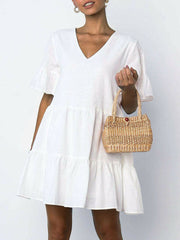 Women Cotton V-neck Ruffle Sleeve Holiday Loose Solid Color Mini Dress