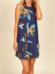 Flower Print Crew Neck Sleeveless Suspender Skirt Loose Midi Dress