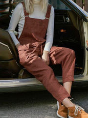 Women 100% Cotton Solid Color Ankle Length Side Pockets Jumpsuit