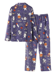 Women's Cartoon Animal Space Print Cotton Pajama Set with Pockets and Elastic Waist