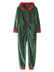 Women's Cozy Fleece Hooded Jumpsuit Sleepwear - Warm Long Sleeve Solid Color