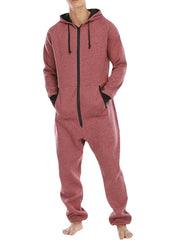 Men Cotton Solid Hooded Pocket Long Sleeve Home Jumpsuit Zipper Sleepwear