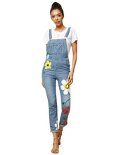 Women Casual Big Flower Print Pockets Denim Jumpsuit