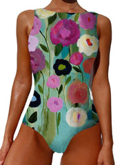 Summer Holiday Abstract Flower Print Sleeveless High Neck Swimsuits