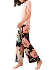 Women's Tropical Floral Pajama Set - Short Sleeve Top & Wide Leg Pants