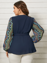 Plus Size Tribal V-neck Patchwork Design Long Sleeves Blouse