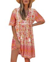 Bohemian Floral Print V-neck Short Sleeve Mini Dress