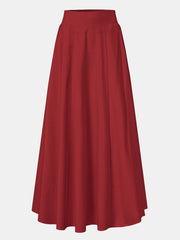 Women Solid Color A-Line Elastic Waist Casual Swing Skirts With Pocket