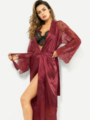 Silky Lace Patchwork Long Sleeve Maxi Nightgown with Belt
