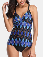 Women Ethnic Style Geometric Print Backless Tankini Cover Belly Swimsuits
