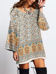 Bohemian Floral Print Crew Neck Bell Long Sleeve Dress