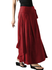 Solid Pocket Knotted Pleated Cotton Casual Skirt