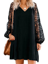 V-Neck Puff Sleeve Pleated Spliced Solid Casual Dress For Women