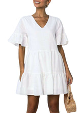 Women Cotton V-neck Ruffle Sleeve Holiday Loose Solid Color Mini Dress