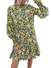 Floral Print Shirred Lantern Long Sleeve Dress For Women