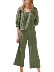 Leisure Solid Pocket Square Collar Ruched Elastic Waist Cotton Suit