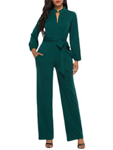 Women Solid Color Long Sleeve Waist Belt Stand Collar Plus Size Jumpsuit