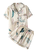 Plus Size Women's Plant Print Silk Pajama Set - Revere Collar, Short Sleeve, Loose Fit