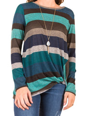 Women Multi-Color Striped O-Neck Twist Hem Long Sleeve T-Shirt