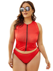 Front Zip Up Racer Back Tops With Mid Waist Bottoms Bikini