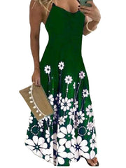 Women's Sleeveless Floral Print Deep U Vacation Strap Long Dress