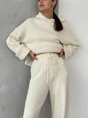 Women Solid Rib-Knit Hoodie Drawstring Wide Leg Pants Casual Long Two-Piece Set