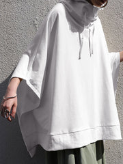 Women Solid Color Turtleneck Collar Dolman Sleeveless Retro Hooded Sweatshirt
