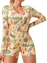 Plus Size Women Cartoon Print V-Neck Long Sleeve Onesies Home Sleepwear Rompers