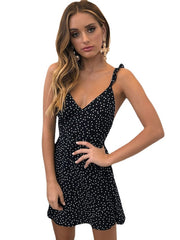 Women‘s Sleeveless Polka Dot Backless V Neck Chic Modern Slim Dresses