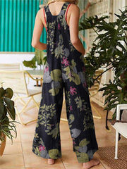 Women Floral Print Cotton Holiday Casual Wide Leg Jumpsuit