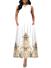 Women's Sleeveless Floral Crew Neck Casual Loose Fit Long Dress With Pocket