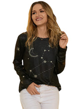 Women Leo Galaxy Print Round Neck Long Sleeve Casual Blouses