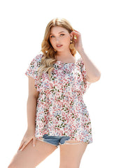 Plus Size Women Leaf Print Square Neck Ruffle Short Sleeve Casual Blouses