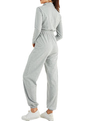 Women Solid Color Zipper Drawstring Pocket Long Sleeve Sports Casual Jumpsuit