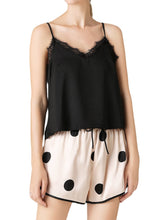 Women's Black Lace V-Neck Pajama Set - Sleeveless Vest & Polka Dot Shorts