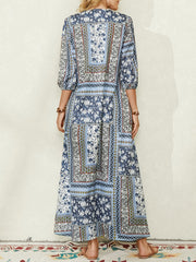 Women Ethnic Style Print V-neck Side Pocket 3/4 Sleeve Vintage Maxi Dress