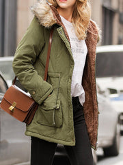 Winter Women Pure Color Fur Collar Hooded Thicken Coats