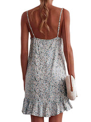 Women's V Neck Sleeveless Floral Ruffle Stylish Loose Dress