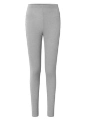 Women Solid Elastic Waist O-Neck Full Sleeve Skinny Ankle Length Blouse Pants Two-Piece Sets