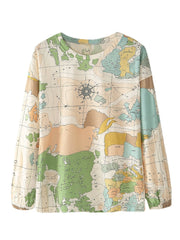 Women's World Map Print Jogger Pajama Set - Round Neck, Elastic Waist