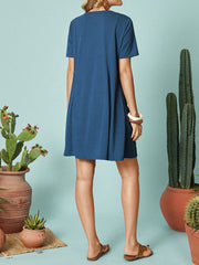 Solid Color Short Sleeve Pocket O-neck Casual Dress For Women
