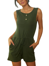 Casual Women O-neck Sleeveless Drawstring Waist Button Short Jumpsuits
