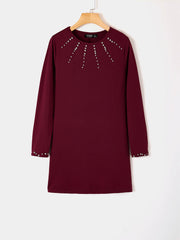 Elegant Pearl Details Round Neck Long Sleeves Mini Dress