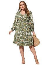 Plus Size V-neck Paisley Button Design Tie-up Design Dress