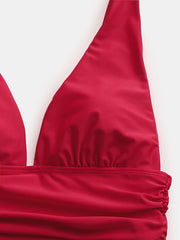 Women Monokini Plunge Wide Straps Ruffled Waist One Piece