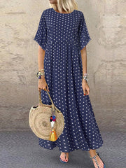 Women Polka Dot Print Short Sleeve O-neck Maxi Dress