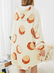 Women's Cartoon Bread Print Cozy Blanket Hoodie with Kangaroo Pocket