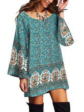 Bohemian Floral Print Crew Neck Bell Long Sleeve Dress
