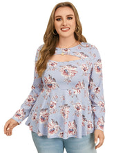 Plus Size Crew Neck Floral Print Cut Out Long Sleeves Tee
